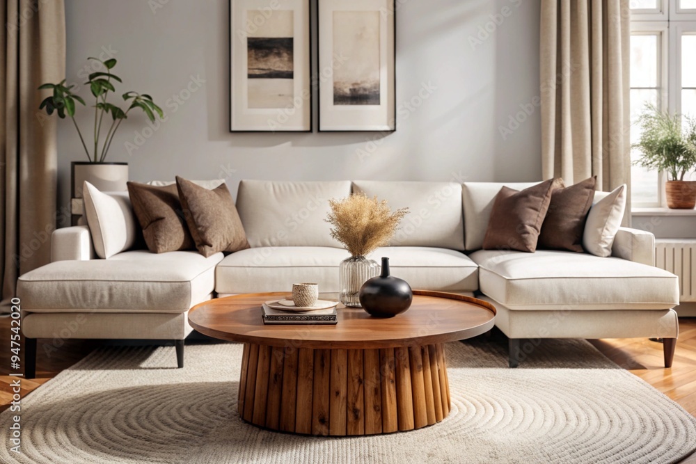 Fototapeta premium Round wood coffee table against white sofa. Scandinavian home interior design of modern living room