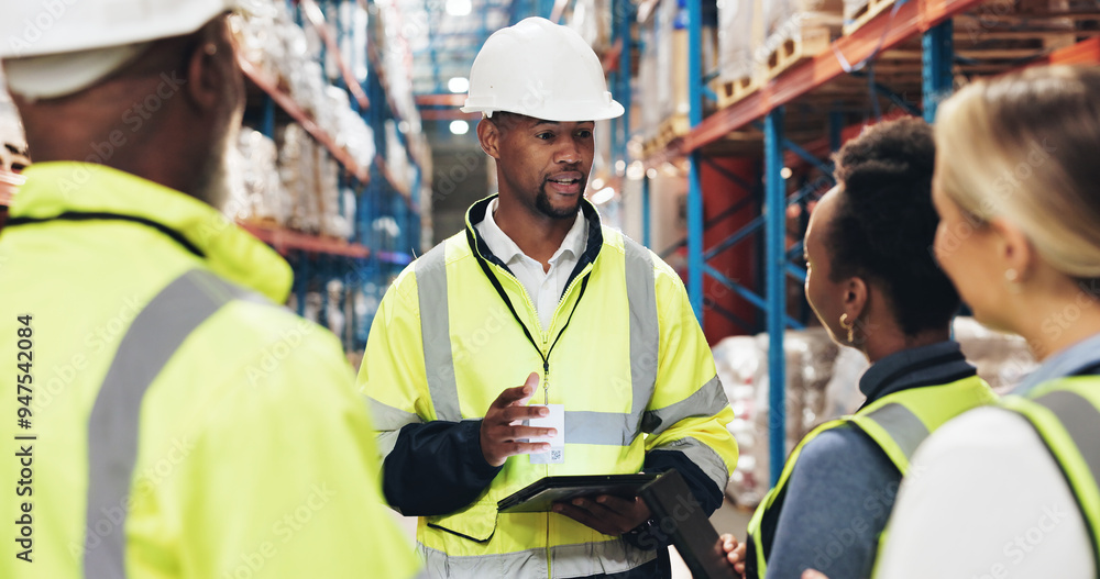 Logistics, planning and people with tablet in warehouse for supply chain, stock inspection and update. Dropshipping, meeting and work with tech by shelf for inventory, export or operations management Logistics, planning and people with tablet in warehouse for supply chain, stock inspection and update. Dropshipping, meeting and work with tech by shelf for inventory, export or operations management