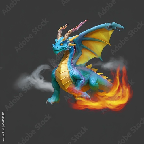 Fantasy Art of a Fierce Dragon in Flight: Mystical Beast with Powerful Fire Magic photo