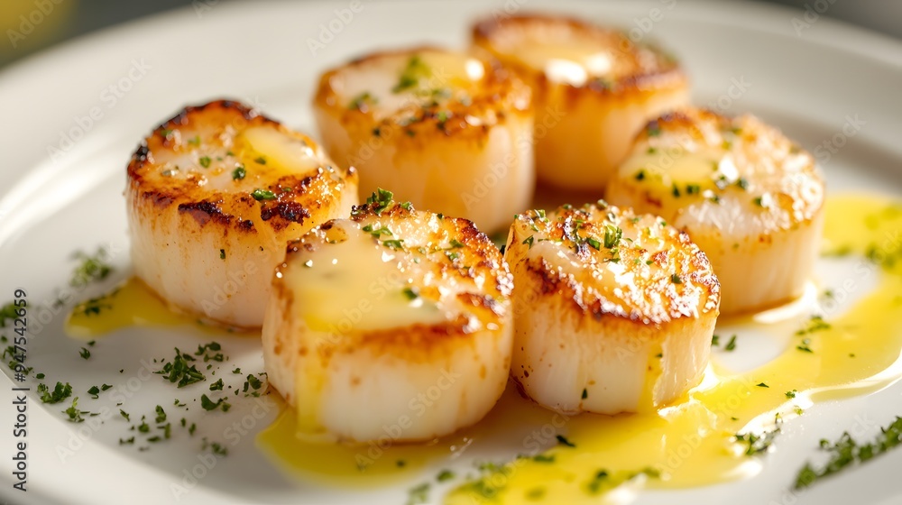 A gourmet plate of seared scallops with a drizzle of lemon butter sauce A gourmet plate of seared scallops with a drizzle of lemon butter sauce