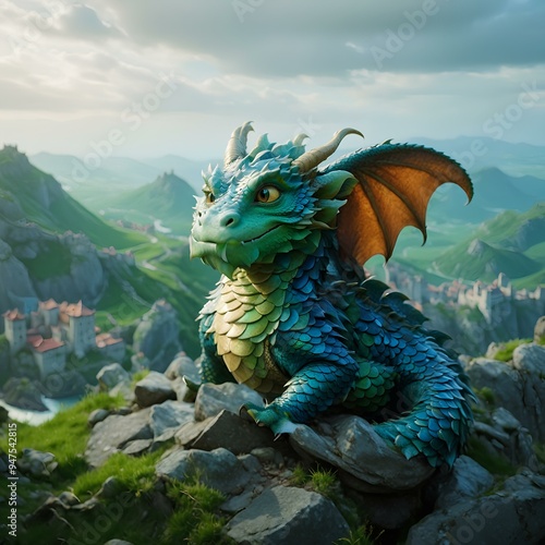 Fantasy Art of a Fierce Dragon in Flight: Mystical Beast with Powerful Fire Magic photo