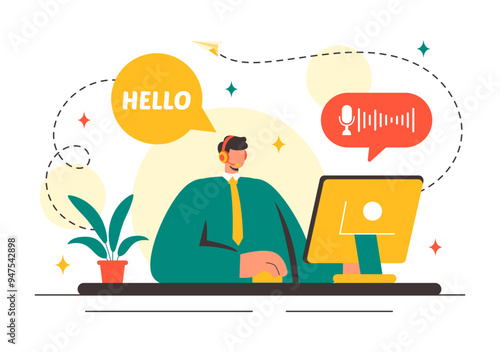 VOIP or Voice Over Internet Protocol Vector Illustration with Telephony Scheme Technology and Network Phone Call Software in Flat Background