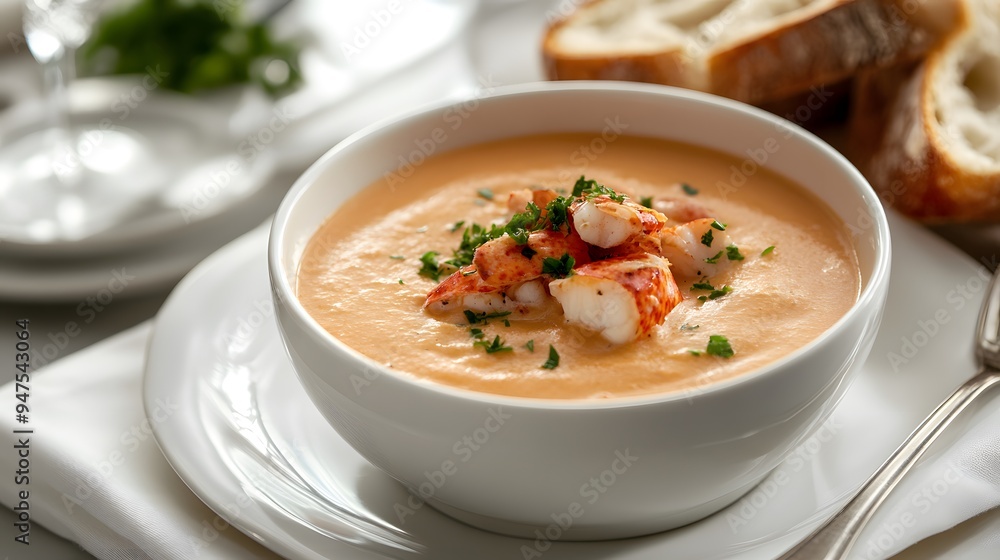 A rich, creamy lobster bisque served with crusty bread A rich, creamy lobster bisque served with crusty bread