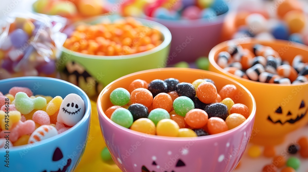 A close-up of assorted Halloween candies in bright bowls with spooky decorations creating a vibrant and playful scene A close-up of assorted Halloween candies in bright bowls with spooky decorations creating a vibrant and playful scene
