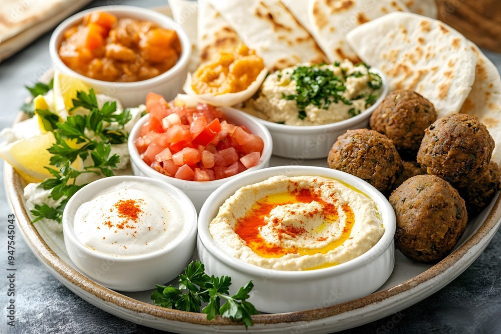 A vibrant platter of Mediterranean mezze with hummus, falafel, and pita A vibrant platter of Mediterranean mezze with hummus, falafel, and pita
