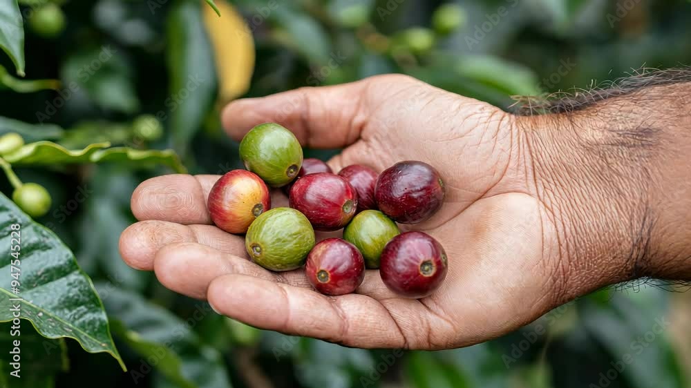 Close Up: Hand Holding Coffee Berries on Farm Close Up: Hand Holding Coffee Berries on Farm