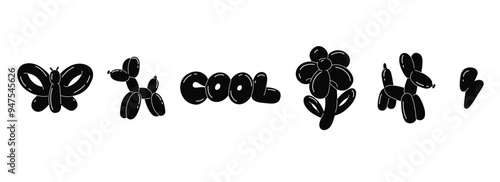 Balloon animals. inflatable dog flower and butterfly. Black glossy decorative rubber toy. Birthday celebration party festive y2k decor children holidays vector cartoon flat style isolated illustration