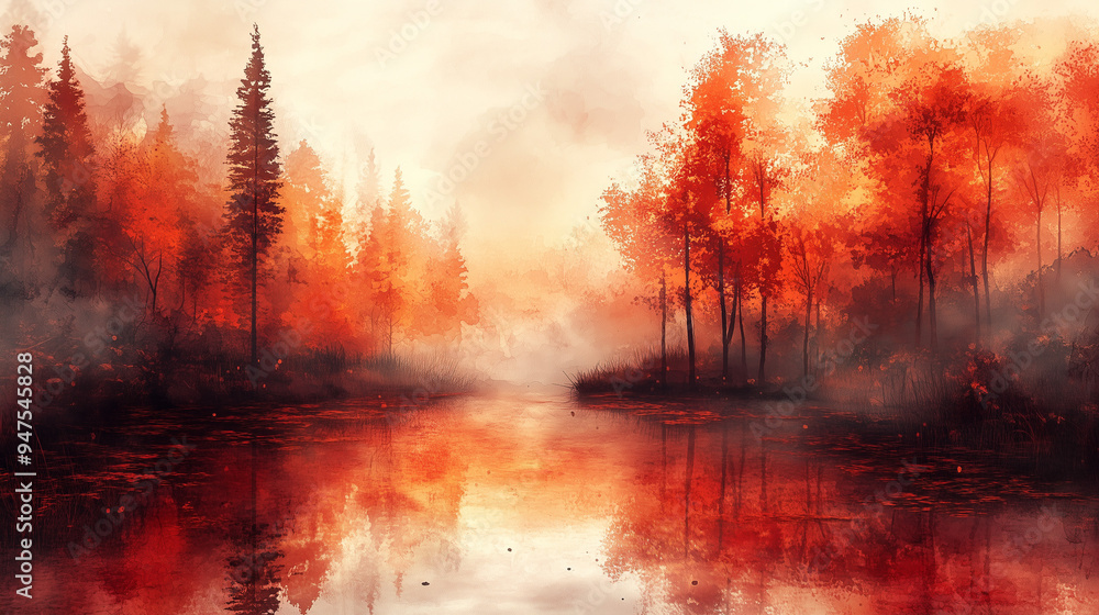 Misty autumn forest with vibrant red and orange trees reflected on a still, foggy lake during sunrise Misty autumn forest with vibrant red and orange trees reflected on a still, foggy lake during sunrise