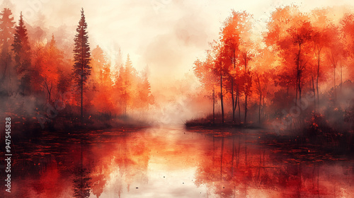 Misty autumn forest with vibrant red and orange trees reflected on a still, foggy lake during sunrise