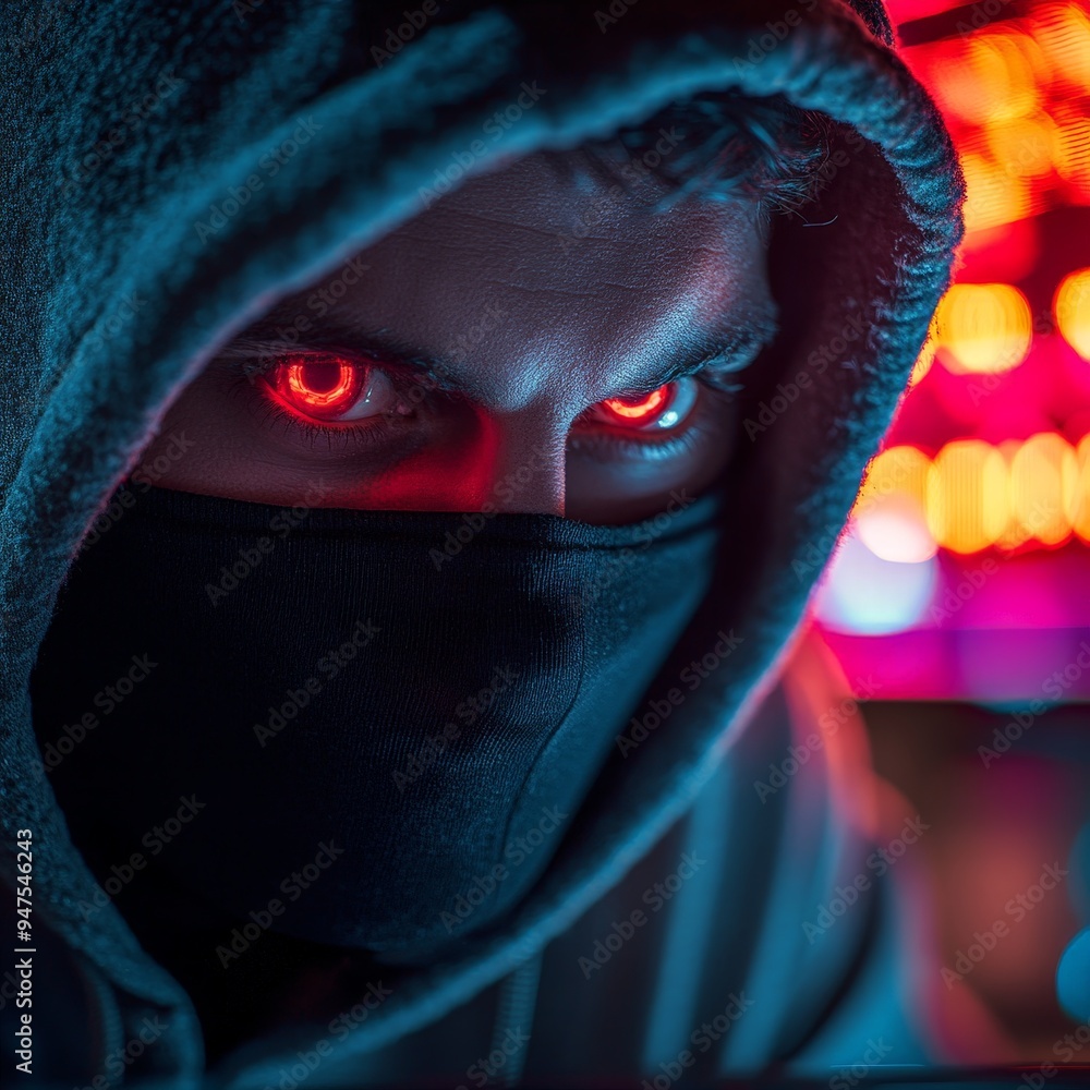 Masked Hacker with Glowing Eyes Typing in a High-Tech Environment Masked Hacker with Glowing Eyes Typing in a High-Tech Environment