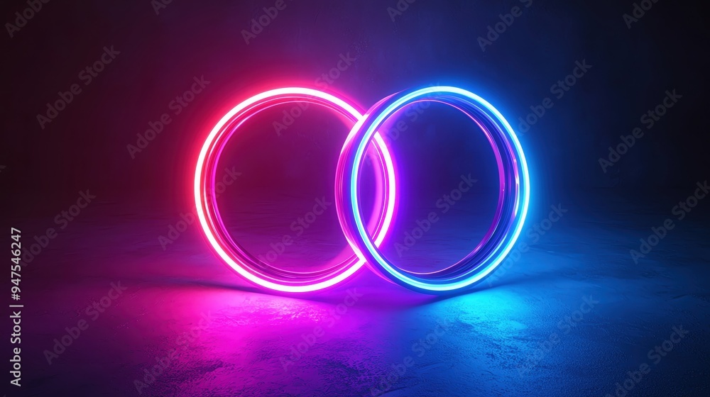 elegant Interlocking rings of light, bright neon colors, dynamic and energetic visual, modern luxury concert vibe elegant Interlocking rings of light, bright neon colors, dynamic and energetic visual, modern luxury concert vibe