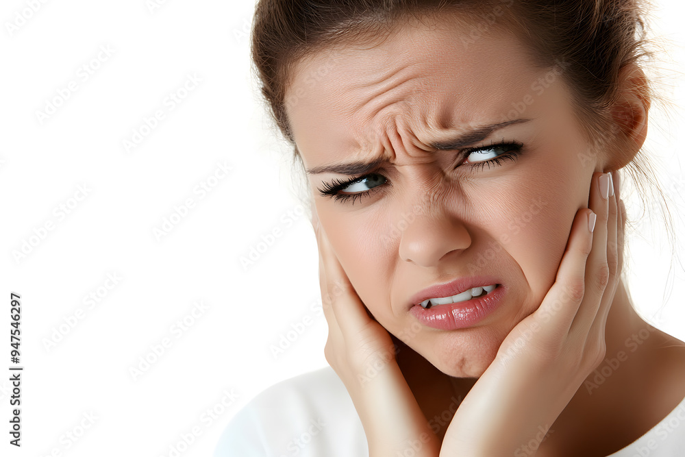 Naklejka premium Closeup portrait of woman having toothache isolated on white background. Female suffering with a painful, hurting or inflammation in her mouth