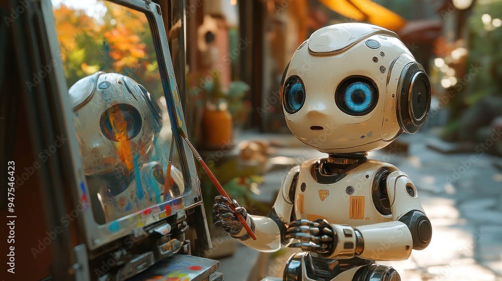 Fototapeta premium Robot Artist Painting a Self-Portrait