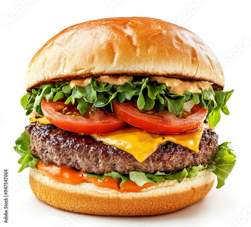 Juicy Cheeseburger: A mouthwatering close-up of a perfectly grilled cheeseburger, bursting with flavor and featuring melted cheese, fresh lettuce, ripe tomato, and a savory patty, all nestled in a gol photo