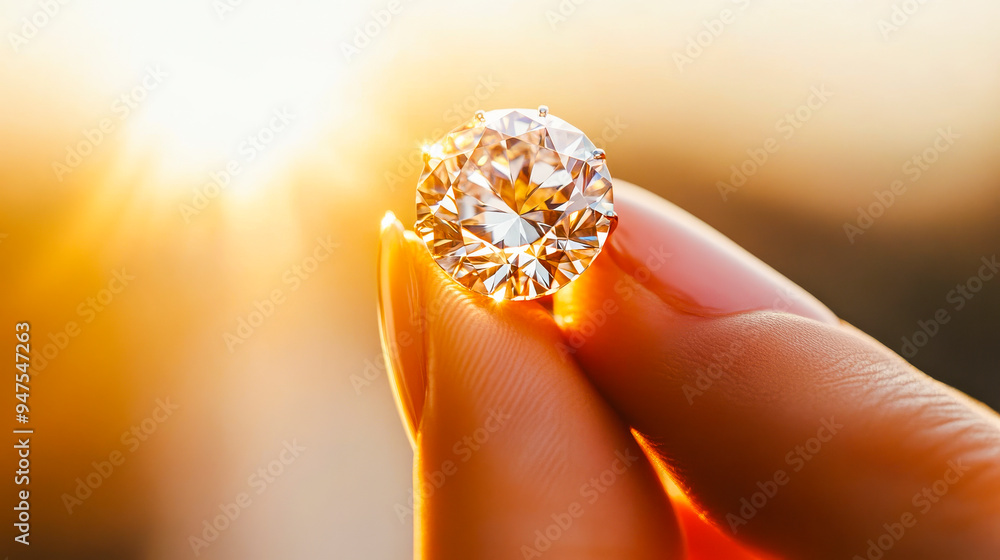 Diamond in the Sunlight: A dazzling diamond held aloft, its facets catching the golden glow of the setting sun, symbolizes brilliance, value, and enduring beauty. Diamond in the Sunlight: A dazzling diamond held aloft, its facets catching the golden glow of the setting sun, symbolizes brilliance, value, and enduring beauty.