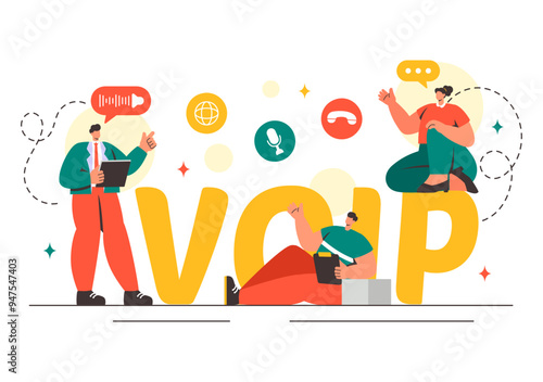 VOIP or Voice Over Internet Protocol Vector Illustration with Telephony Scheme Technology and Network Phone Call Software in Flat Background