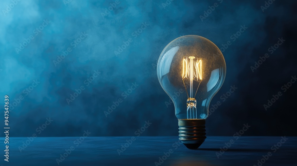 A solitary lightbulb illuminating a blue background with copy space A solitary lightbulb illuminating a blue background with copy space