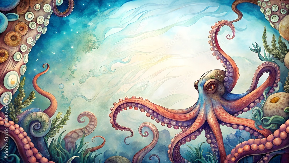 Fototapeta premium Whimsical Octopus in a Mystical Ocean Setting, Detailed Underwater Illustration