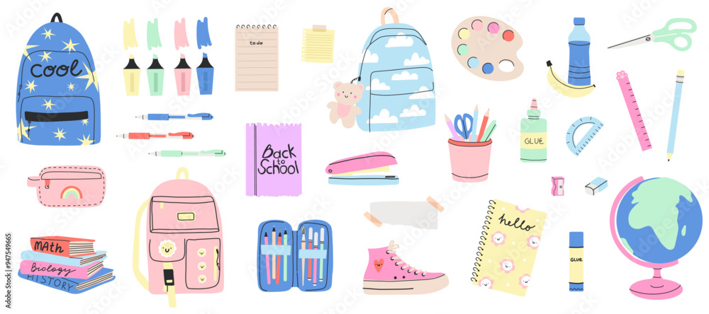 School supplies. Cute stationery. Backpack, pen and pencil. Study books. Stapler and glue. Adhesive tape and paper notes. Scissors or highlighter marker. Education vector cute cartoon illustration School supplies. Cute stationery. Backpack, pen and pencil. Study books. Stapler and glue. Adhesive tape and paper notes. Scissors or highlighter marker. Education vector cute cartoon illustration