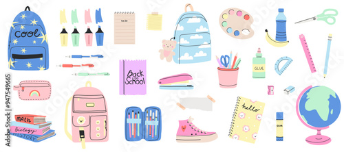 School supplies. Cute stationery. Backpack, pen and pencil. Study books. Stapler and glue. Adhesive tape and paper notes. Scissors or highlighter marker. Education vector cute cartoon illustration