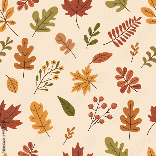 Seamless pattern with autumn leaves. The illustration is warm and inviting, evoking the feeling of autumn.