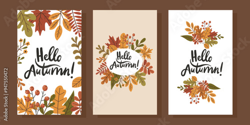 Three colorful cards with autumn leaves and flowers and the words "hello autumn!" written on them. The cards are arranged in a row and have a cheerful, warm, and inviting mood