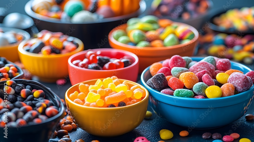 A close-up view of Halloween candies displayed in vibrant bowls surrounded by spooky decorations for an irresistible festive scene A close-up view of Halloween candies displayed in vibrant bowls surrounded by spooky decorations for an irresistible festive scene