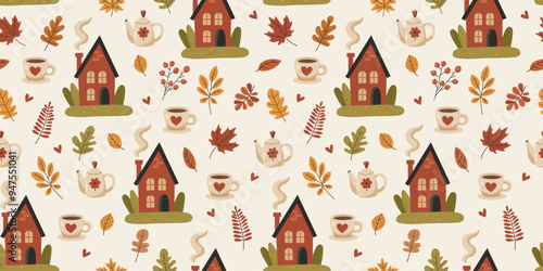 Autumn seamless pattern with houses, autumn leaves, cups and teapots. The scene is cozy and warm, with an autumn feel.