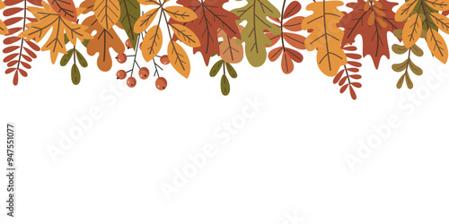A row of autumn leaves with a white background. The leaves are of different sizes and colors, and they are arranged in a way that creates a sense of movement and depth. Scene is warm and inviting