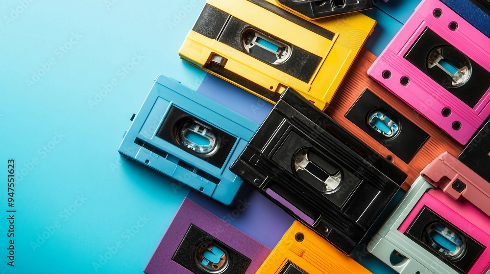 Vibrant Retro Music: Colorful Painted Audio Cassettes on Bright Background Vibrant Retro Music: Colorful Painted Audio Cassettes on Bright Background