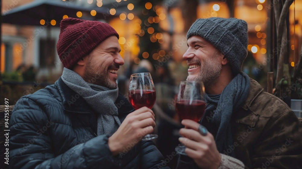 Two men enjoying wine at a cozy outdoor cafe, laughing and clinking glasses under autumn lights, celebrating love and togetherness. Cheers to happiness! Two men enjoying wine at a cozy outdoor cafe, laughing and clinking glasses under autumn lights, celebrating love and togetherness. Cheers to happiness!