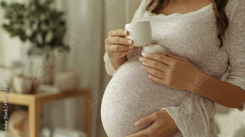 Pregnant Woman Applying Body Cream on Belly at Home