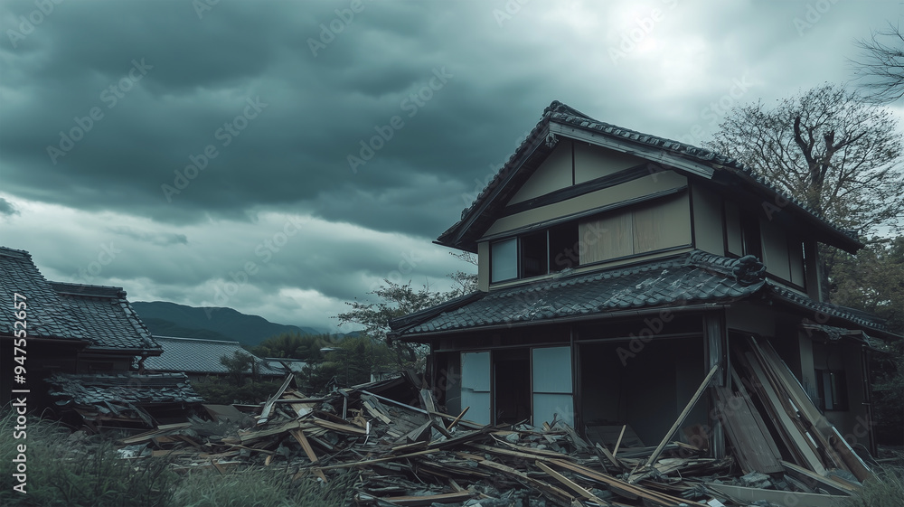 地震で崩壊した日本家屋 地震で崩壊した日本家屋