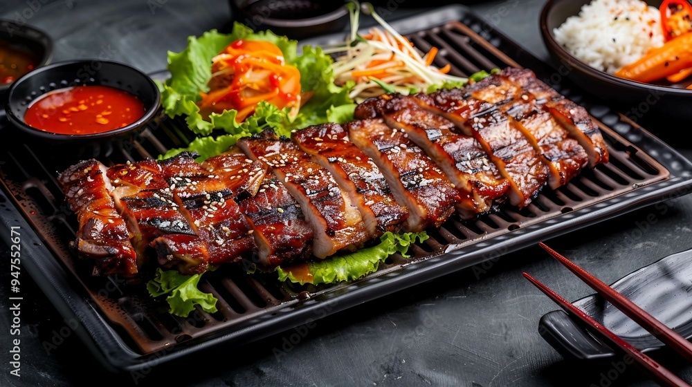 Savory Pan-Fried Black Pork Meal in Jeju Korean Restaurant with Fresh Cuisine on Iron Plate and Kimchi, Banchan - Culinary Lifestyle Delight Savory Pan-Fried Black Pork Meal in Jeju Korean Restaurant with Fresh Cuisine on Iron Plate and Kimchi, Banchan - Culinary Lifestyle Delight
