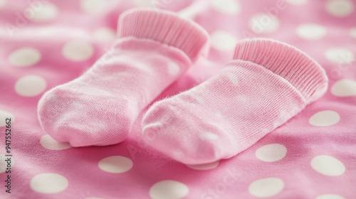 Cheerful Pair of Pink Child Socks on Dotted Background with Selective Focus - Closeup View of Playful Kids Footwear