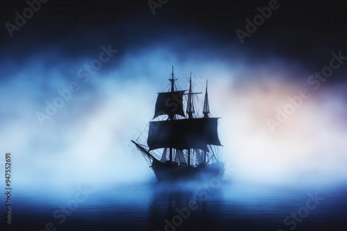 A mysterious ship silhouette shrouded in fog, evoking a sense of adventure and intrigue on the open sea.