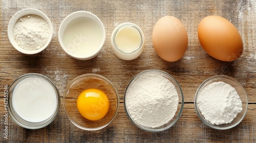 Fresh Ingredients for Delicious Pancakes - Flour, Egg, Milk on Tabletop View from Above