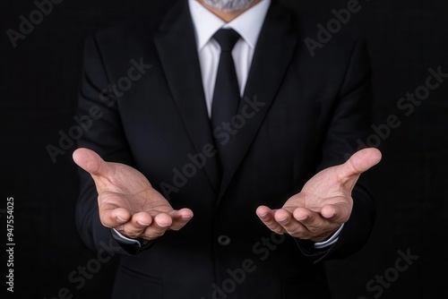 A professional man in a suit presenting with open hands, symbolizing opportunity and invitation against a dark background.