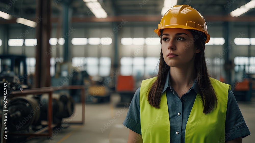 Young Woman Engineer in a Hard Hat and Vest in Front of Blurred Industrial Machines – Industrial Safety and Technology Young Woman Engineer in a Hard Hat and Vest in Front of Blurred Industrial Machines – Industrial Safety and Technology