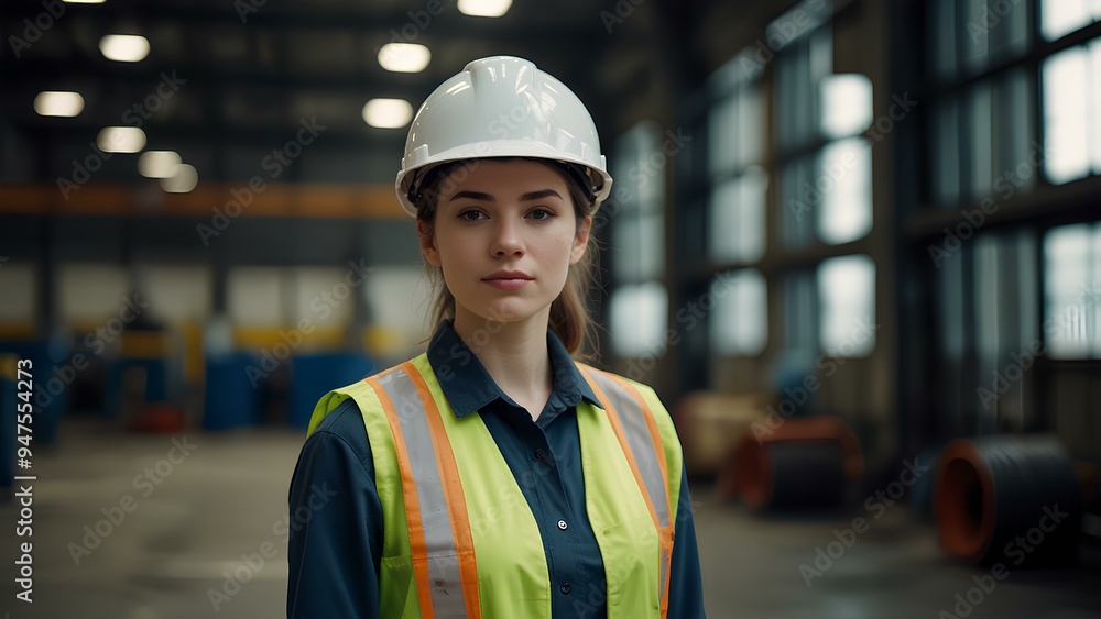 Young Woman Engineer in a Hard Hat and Vest in Front of Blurred Industrial Machines – Industrial Safety and Technology Young Woman Engineer in a Hard Hat and Vest in Front of Blurred Industrial Machines – Industrial Safety and Technology