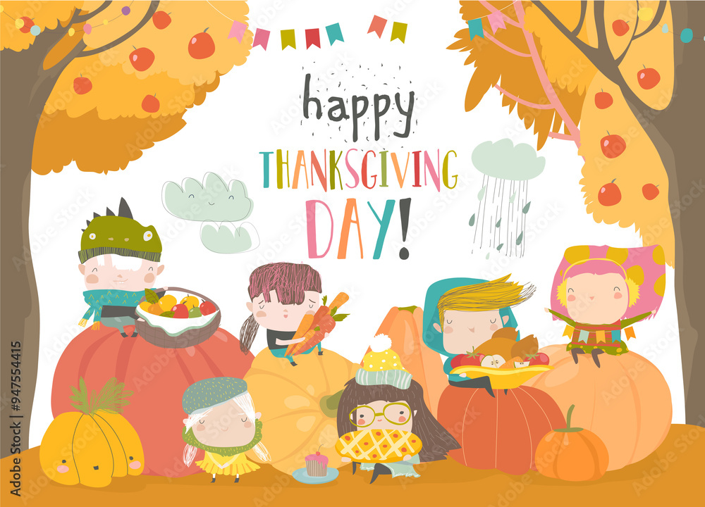 Fototapeta premium Cartoon children harvesting in autumn garden. Happy Thanksgiving Day