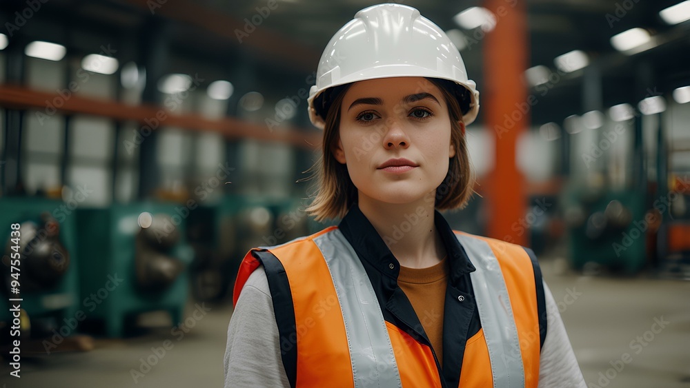 Young Woman Engineer in a Hard Hat and Vest in Front of Blurred Industrial Machines – Industrial Safety and Technology Young Woman Engineer in a Hard Hat and Vest in Front of Blurred Industrial Machines – Industrial Safety and Technology