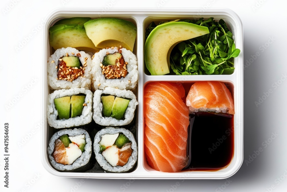 a bento box featuring sushi rolls, avocado slices, and soy sauce. a bento box featuring sushi rolls, avocado slices, and soy sauce.