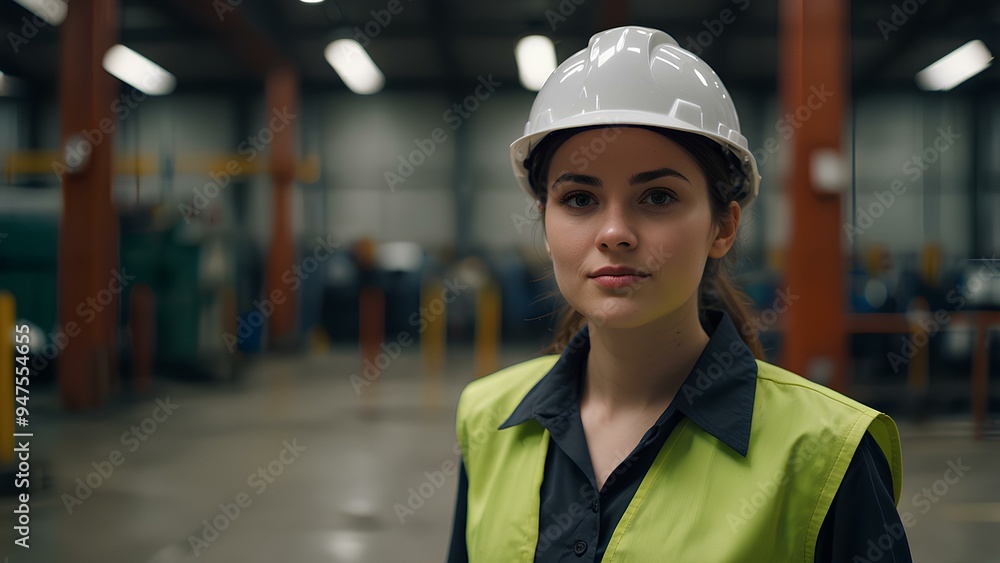 Young Woman Engineer in a Hard Hat and Vest in Front of Blurred Industrial Machines – Industrial Safety and Technology Young Woman Engineer in a Hard Hat and Vest in Front of Blurred Industrial Machines – Industrial Safety and Technology