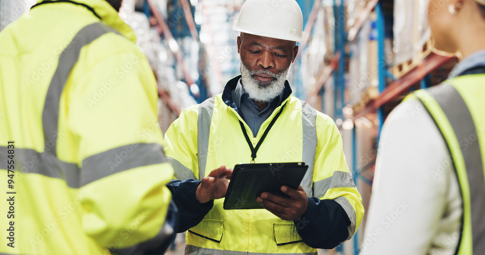 Logistics, tablet and group of people in warehouse with online checklist in export distribution. Inventory management, meeting and team in factory on digital app for project inspection planning Logistics, tablet and group of people in warehouse with online checklist in export distribution. Inventory management, meeting and team in factory on digital app for project inspection planning