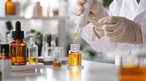 Professional Scientist Developing Cosmetic Oil on White Wooden Table