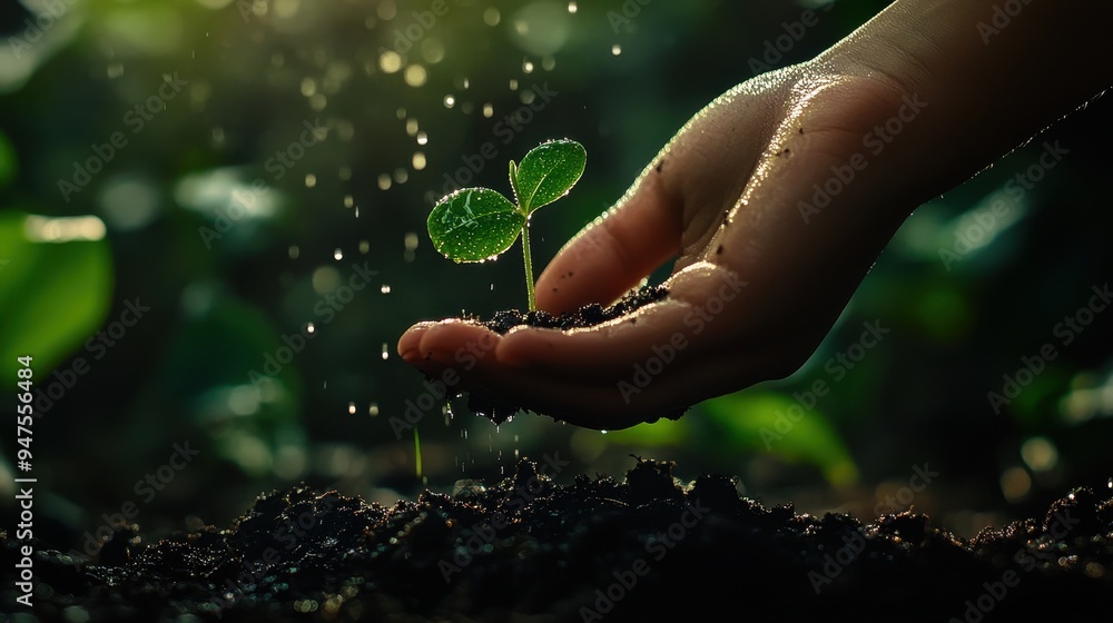 Hand Holding a Sprout with Water Droplets Falling on Soil - Nature, Growth, and Life Concept. Hand Holding a Sprout with Water Droplets Falling on Soil - Nature, Growth, and Life Concept.