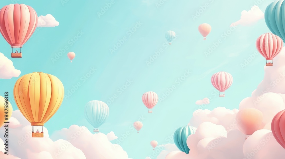 Fototapeta premium Colorful Hot Air Balloons Soaring Through Fluffy Clouds in a Dreamy Sky.