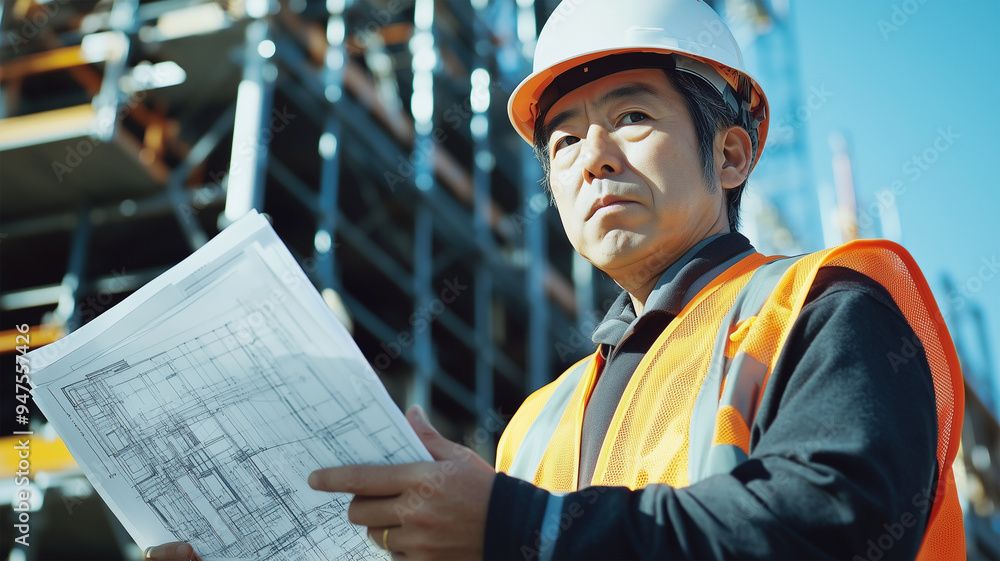建設現場で設計図を確認する作業員 建設現場で設計図を確認する作業員