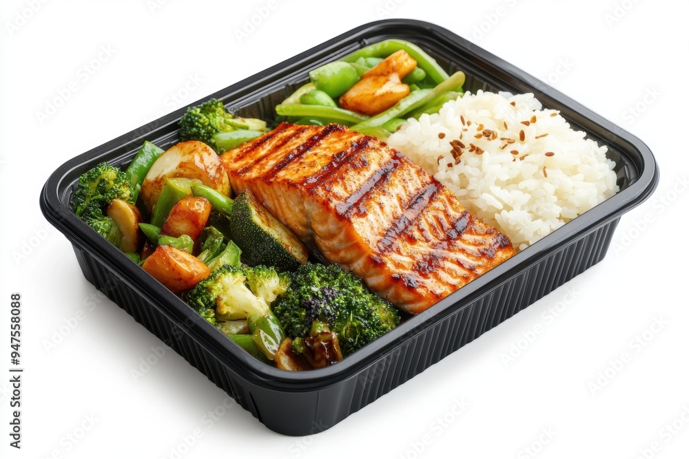 a bento box featuring perfectly cooked grilled salmon, fluffy rice, and vibrant vegetable stir fry. a bento box featuring perfectly cooked grilled salmon, fluffy rice, and vibrant vegetable stir fry.